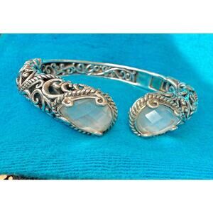 Carolyn Pollack SS Cuff | MOP Quartz Doublet Ends | Scroll Design Hinged Bangle